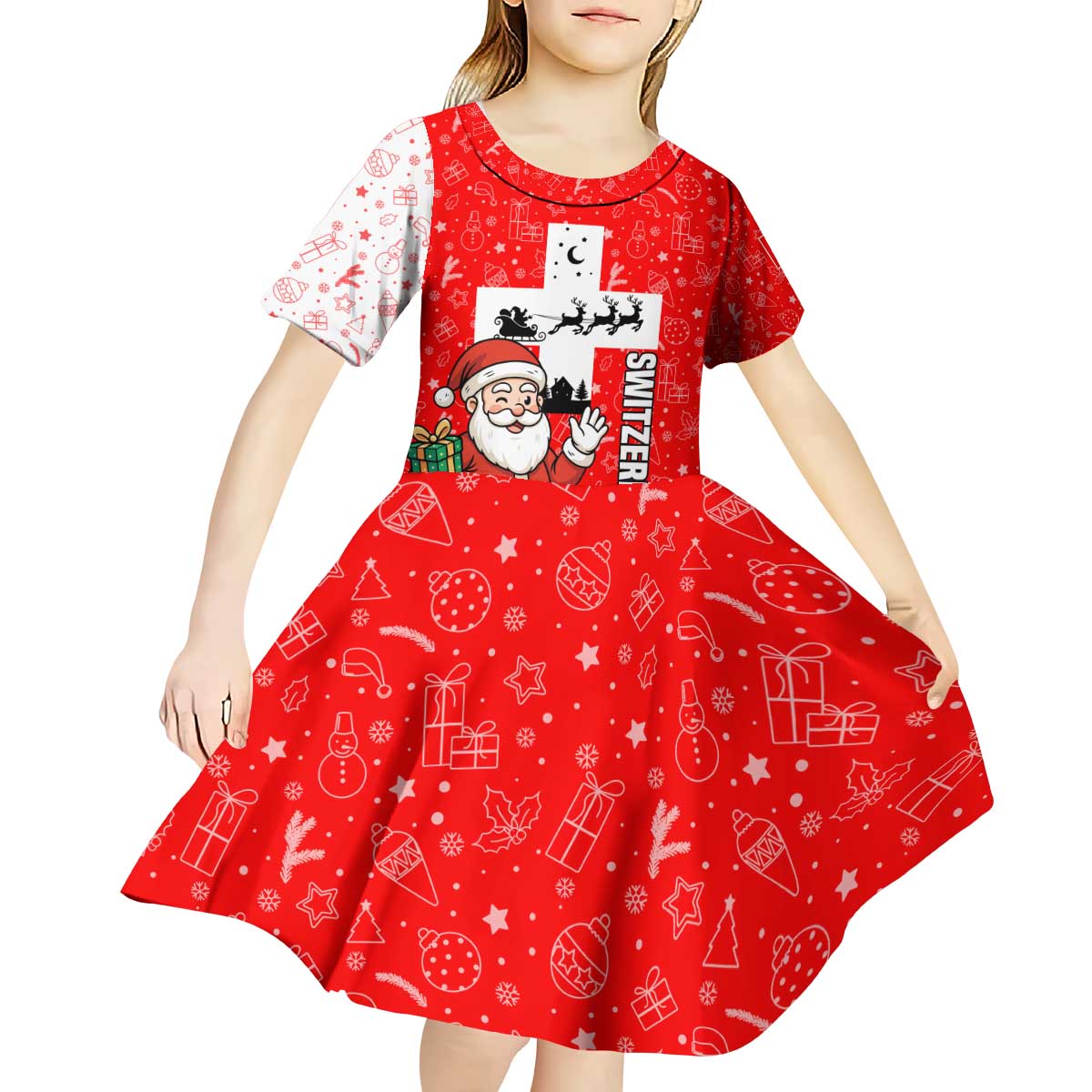 Switzerland Christmas Kid Short Sleeve Dress with Santa Sleigh Silhouette and Red Holiday Icon - Wonder Print Shop