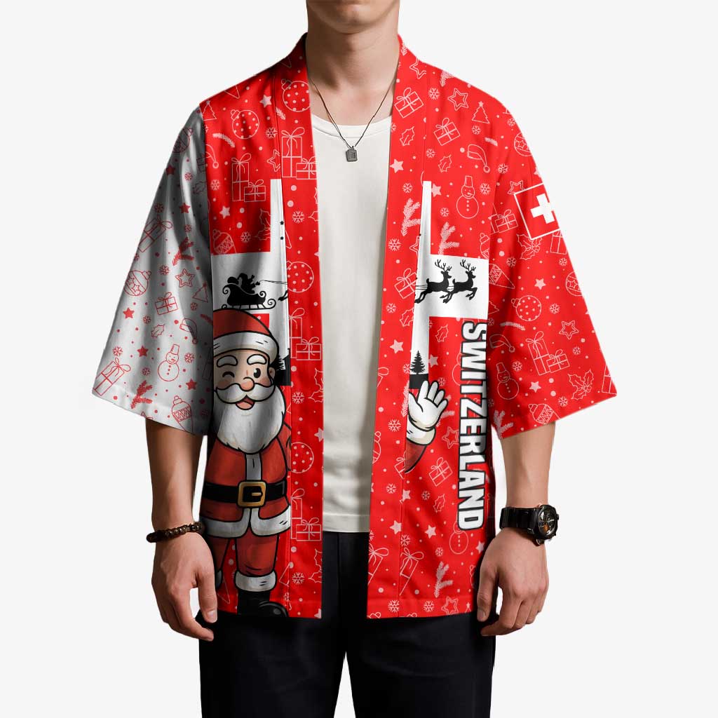 Switzerland Christmas Kimono with Santa Sleigh Silhouette and Red Holiday Icon - Wonder Print Shop