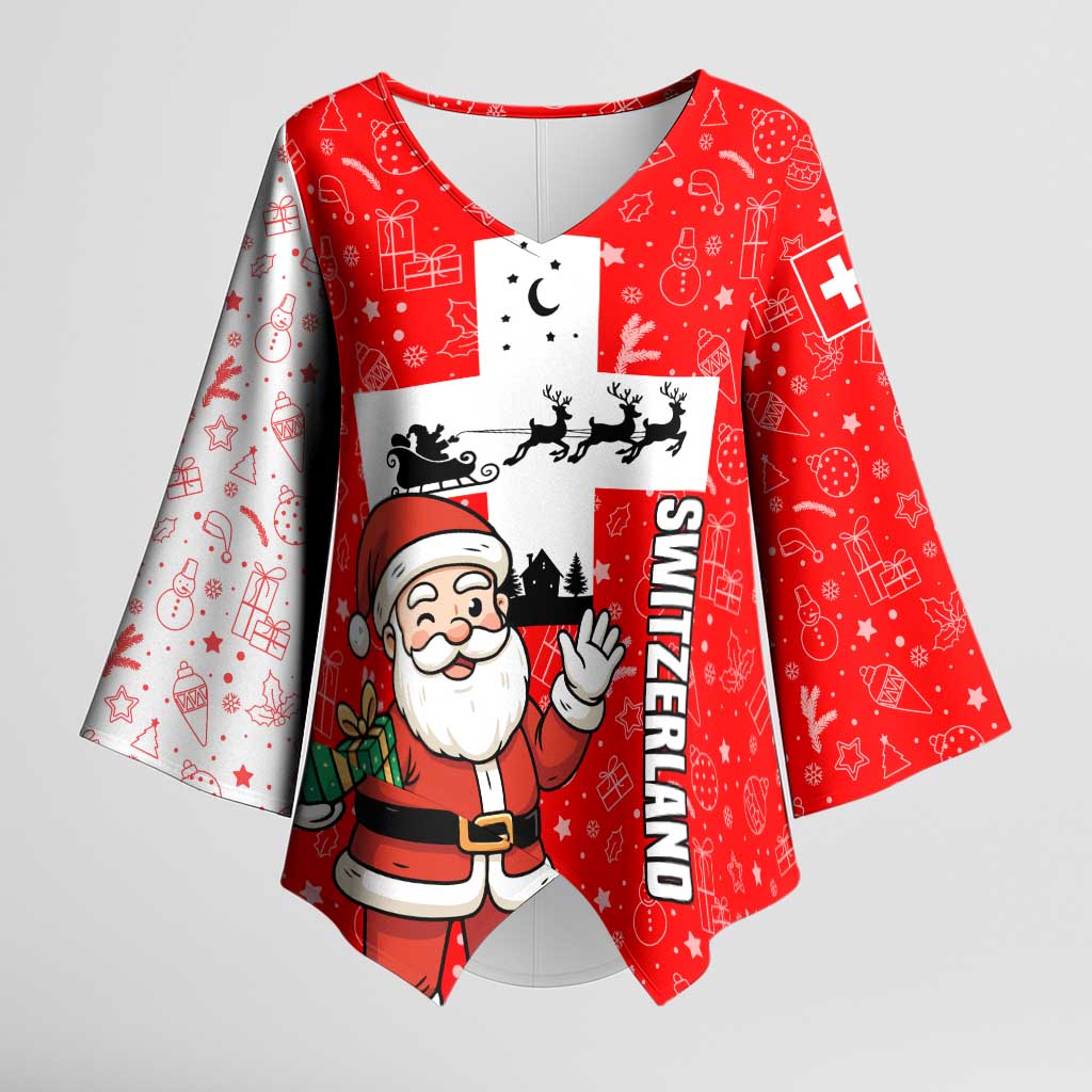 Switzerland Christmas Kimono Sleeve Blouse with Santa Sleigh Silhouette and Red Holiday Icon - Wonder Print Shop