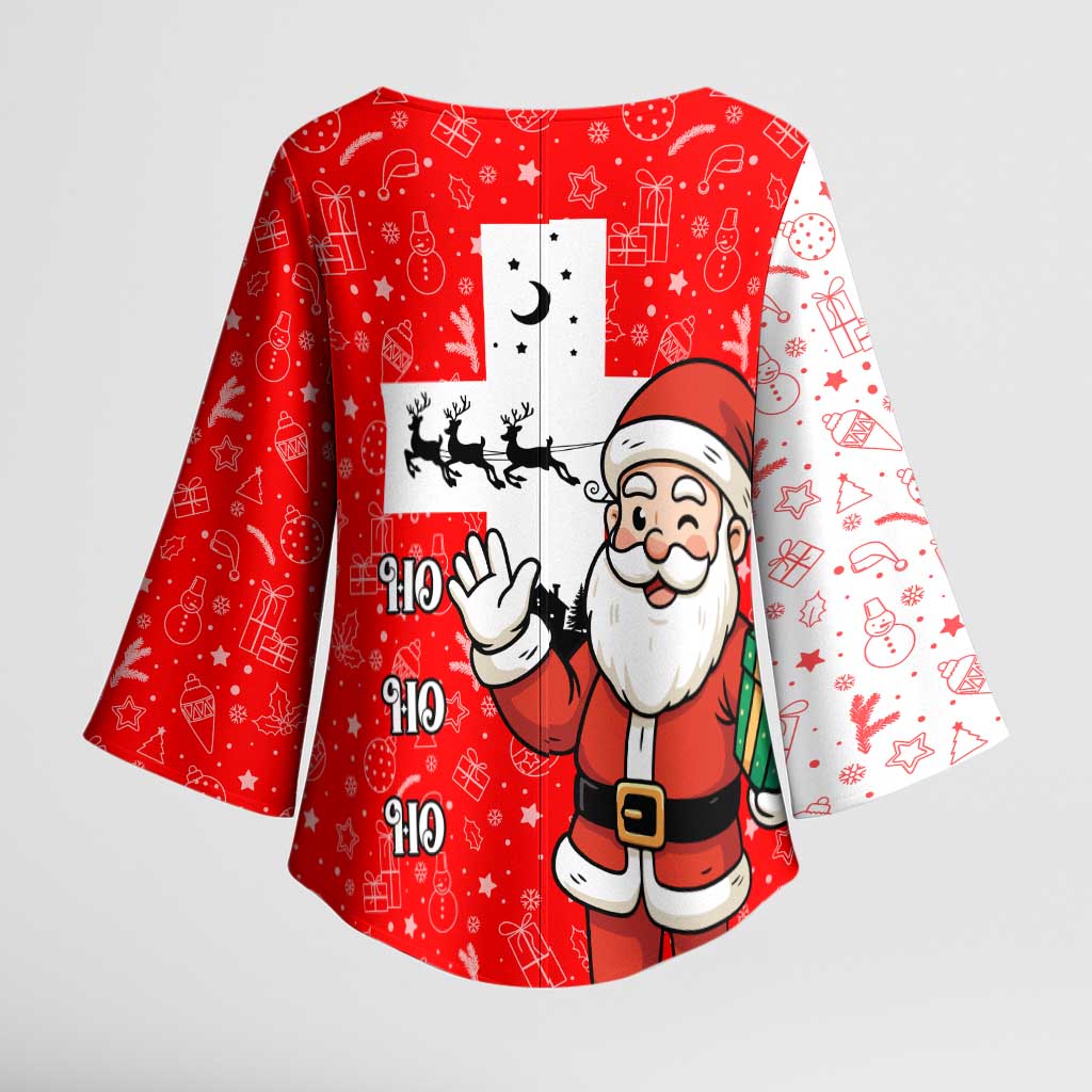 Switzerland Christmas Kimono Sleeve Blouse with Santa Sleigh Silhouette and Red Holiday Icon - Wonder Print Shop