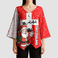 Switzerland Christmas Kimono Sleeve Blouse with Santa Sleigh Silhouette and Red Holiday Icon - Wonder Print Shop