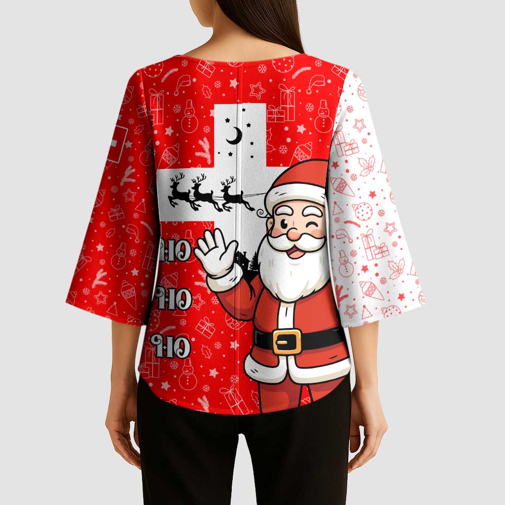 Switzerland Christmas Kimono Sleeve Blouse with Santa Sleigh Silhouette and Red Holiday Icon - Wonder Print Shop