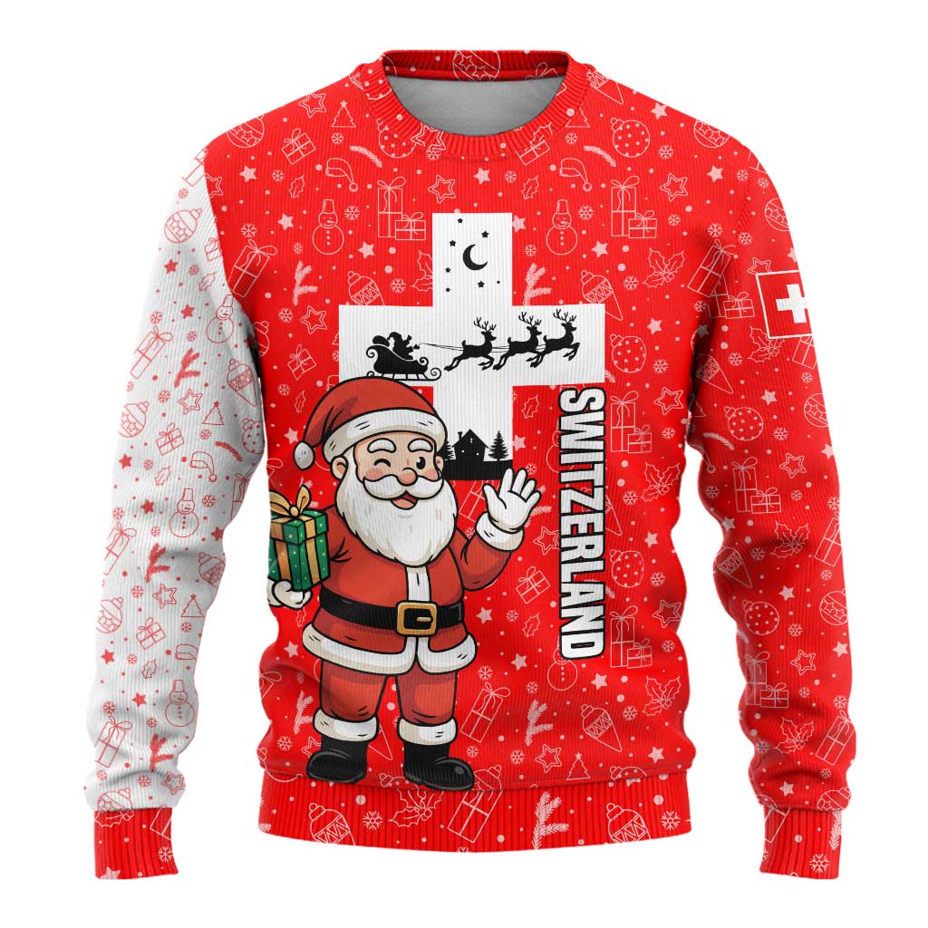 Switzerland Christmas Ugly Christmas Sweater with Santa Sleigh Silhouette and Red Holiday Icon - Wonder Print Shop