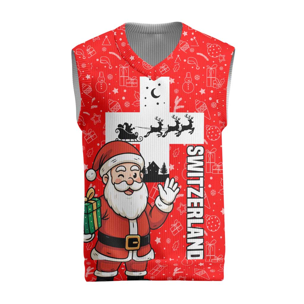Switzerland Christmas Knitted V-Neck Vest with Santa Sleigh Silhouette and Red Holiday Icon - Wonder Print Shop