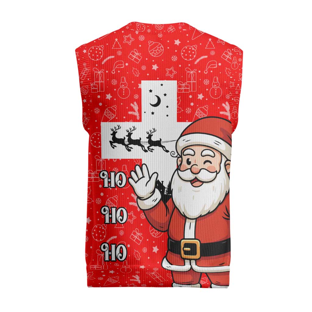 Switzerland Christmas Knitted V-Neck Vest with Santa Sleigh Silhouette and Red Holiday Icon - Wonder Print Shop
