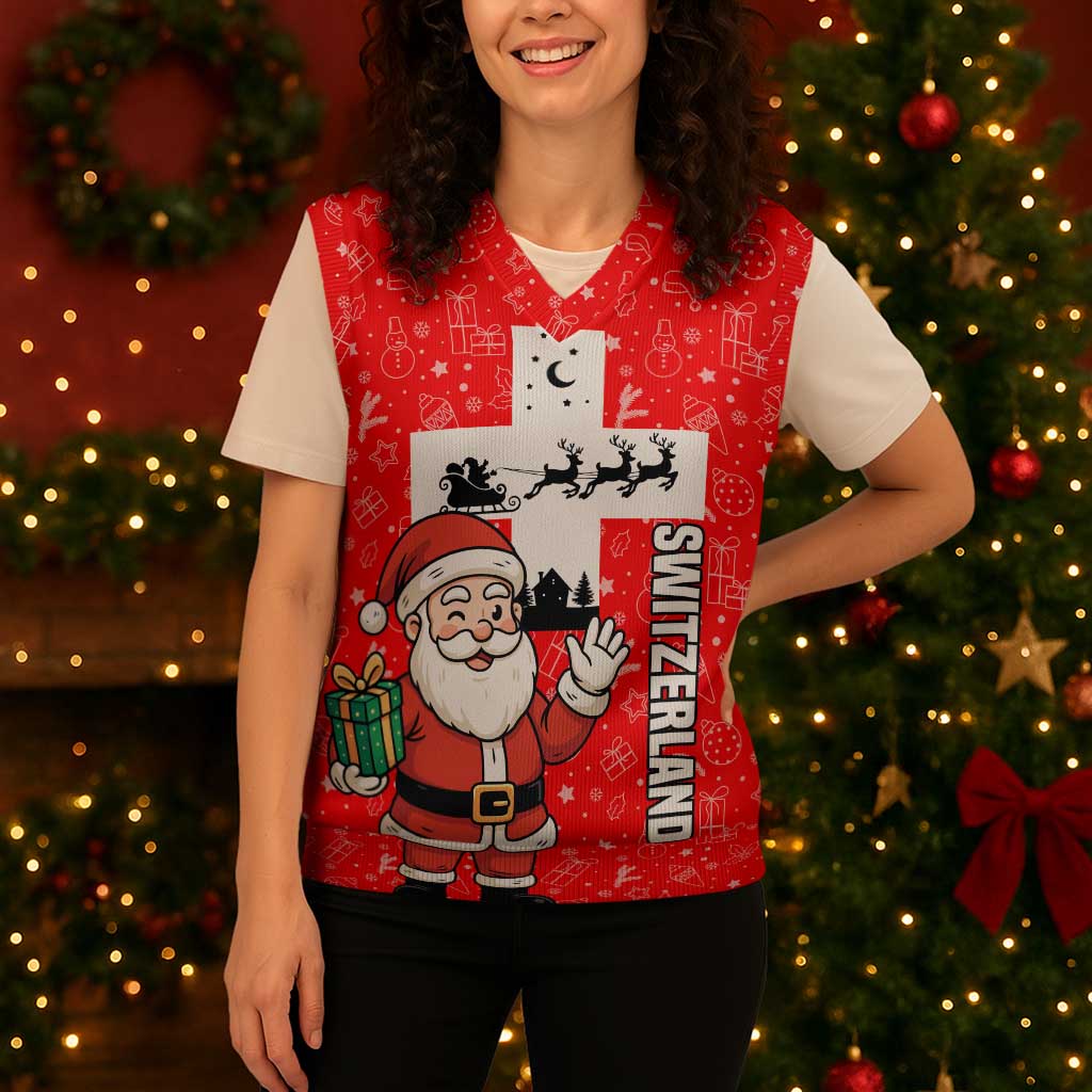 Switzerland Christmas Knitted V-Neck Vest with Santa Sleigh Silhouette and Red Holiday Icon - Wonder Print Shop
