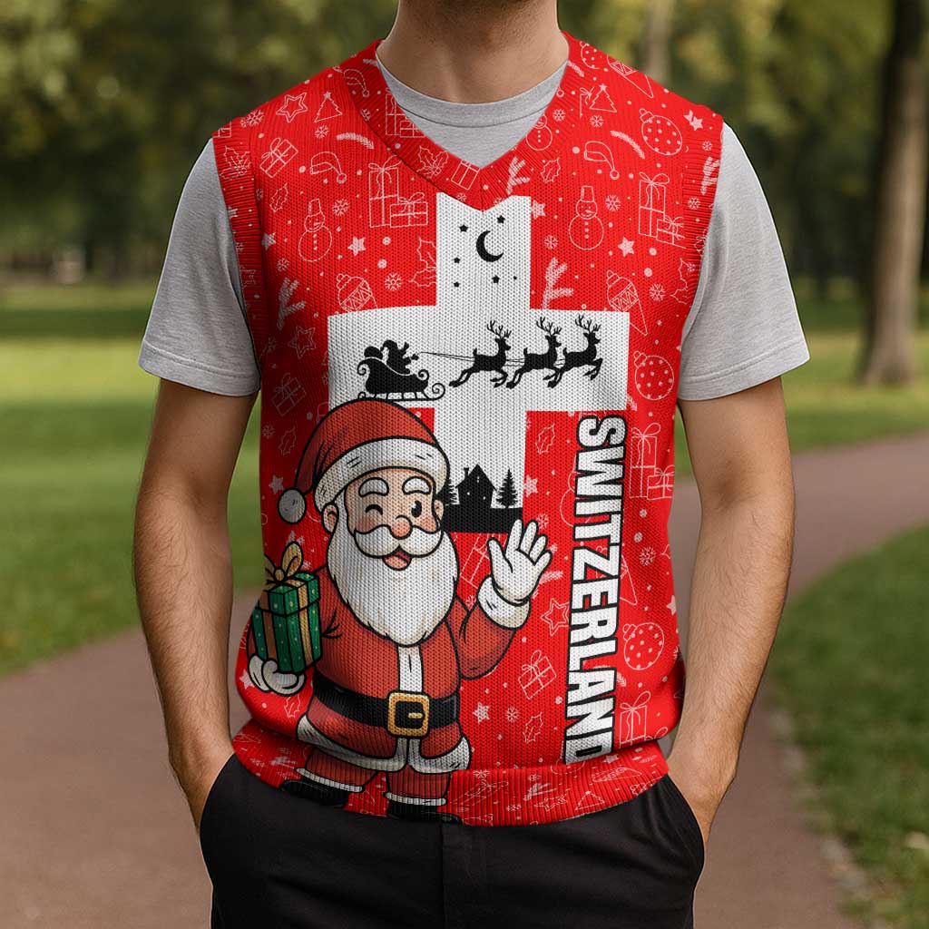Switzerland Christmas Knitted V-Neck Vest with Santa Sleigh Silhouette and Red Holiday Icon - Wonder Print Shop