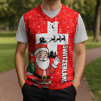 Switzerland Christmas Knitted V-Neck Vest with Santa Sleigh Silhouette and Red Holiday Icon - Wonder Print Shop