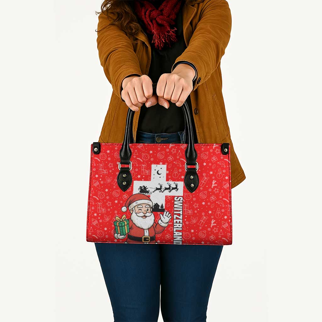 Switzerland Christmas Leather Bag with Santa Sleigh Silhouette and Red Holiday Icon - Wonder Print Shop