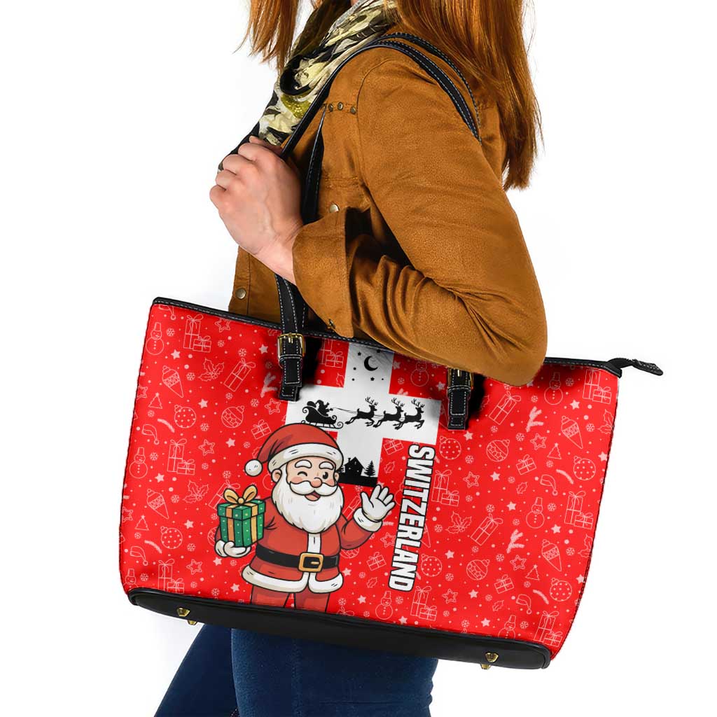 Switzerland Christmas Leather Tote Bag with Santa Sleigh Silhouette and Red Holiday Icon - Wonder Print Shop