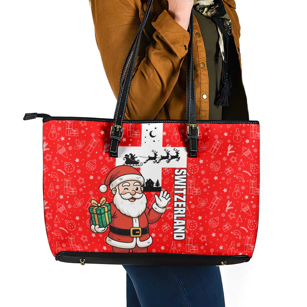 Switzerland Christmas Leather Tote Bag with Santa Sleigh Silhouette and Red Holiday Icon - Wonder Print Shop