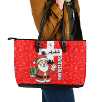 Switzerland Christmas Leather Tote Bag with Santa Sleigh Silhouette and Red Holiday Icon - Wonder Print Shop