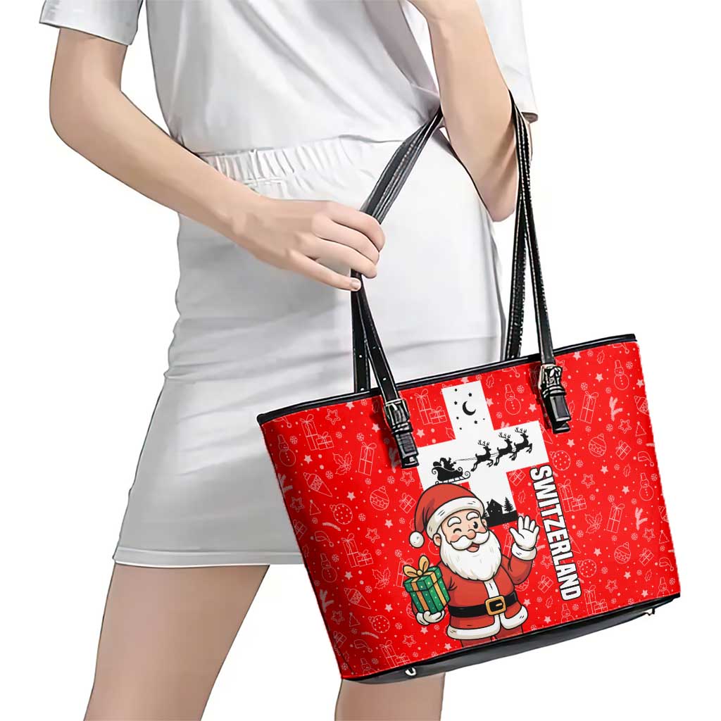 Switzerland Christmas Leather Tote Bag with Santa Sleigh Silhouette and Red Holiday Icon - Wonder Print Shop