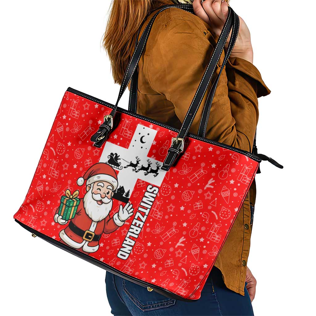 Switzerland Christmas Leather Tote Bag with Santa Sleigh Silhouette and Red Holiday Icon - Wonder Print Shop