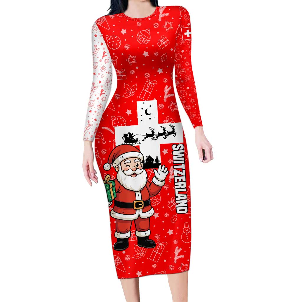 Switzerland Christmas Long Sleeve Bodycon Dress with Santa Sleigh Silhouette and Red Holiday Icon - Wonder Print Shop