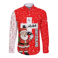 Switzerland Christmas Long Sleeve Button Shirt with Santa Sleigh Silhouette and Red Holiday Icon - Wonder Print Shop