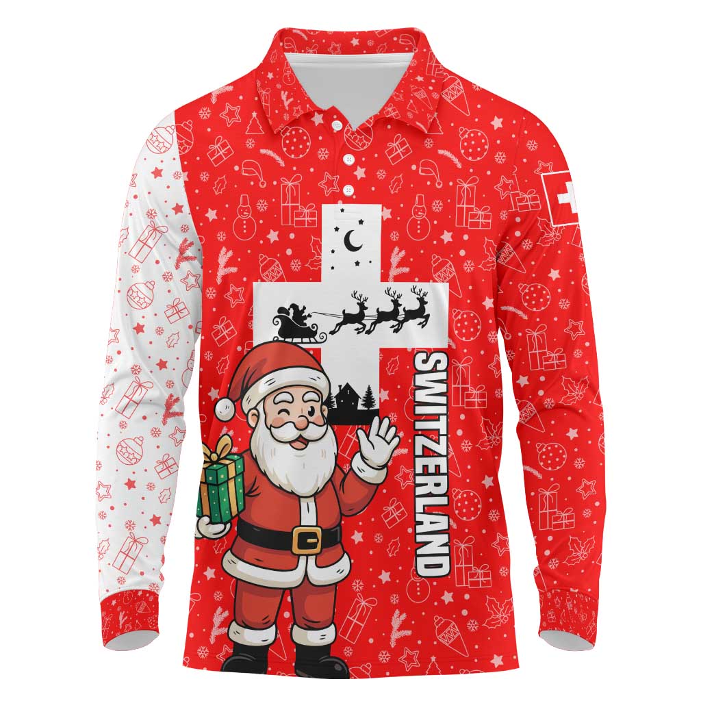 Switzerland Christmas Long Sleeve Polo Shirt with Santa Sleigh Silhouette and Red Holiday Icon - Wonder Print Shop