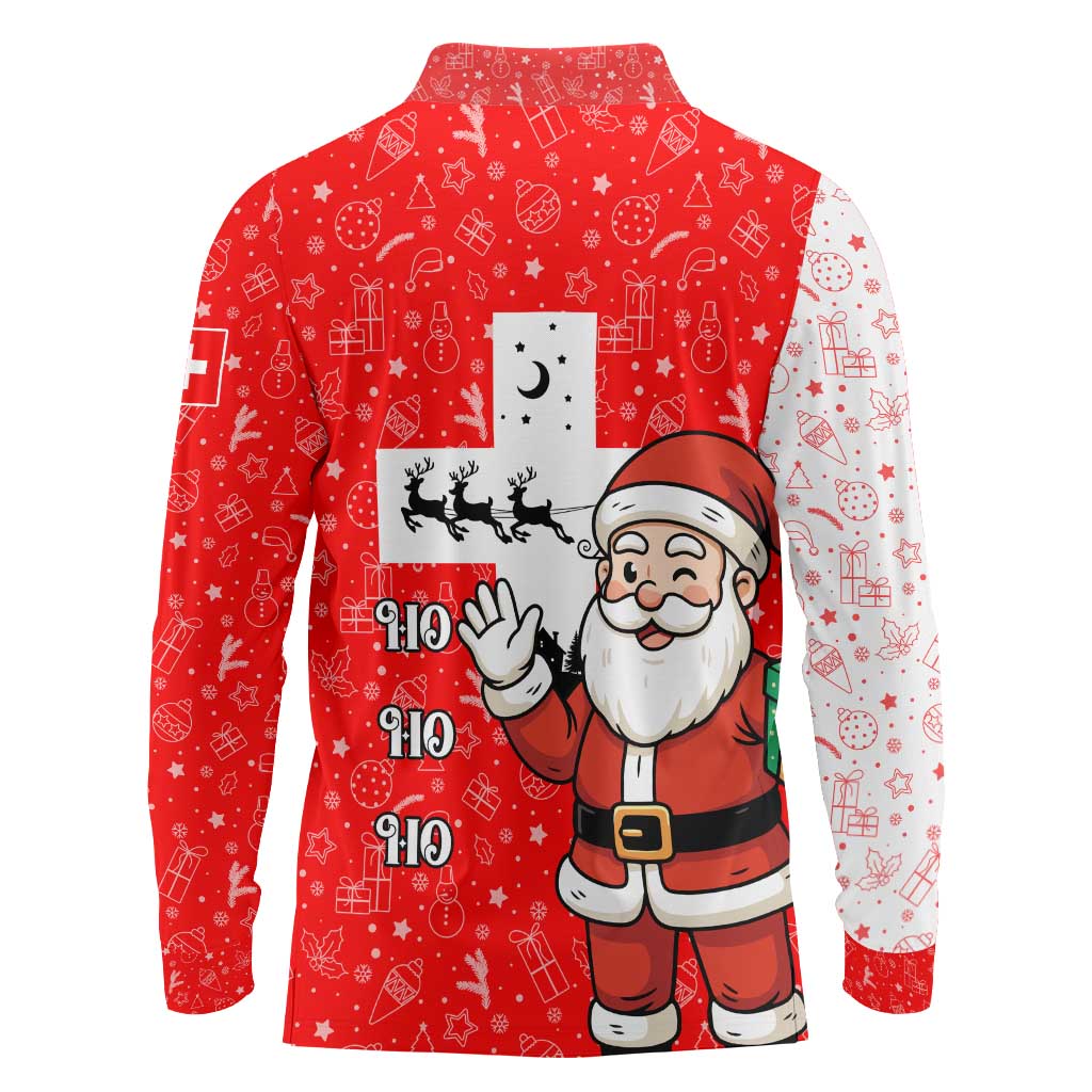Switzerland Christmas Long Sleeve Polo Shirt with Santa Sleigh Silhouette and Red Holiday Icon - Wonder Print Shop