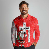 Switzerland Christmas Long Sleeve Polo Shirt with Santa Sleigh Silhouette and Red Holiday Icon - Wonder Print Shop
