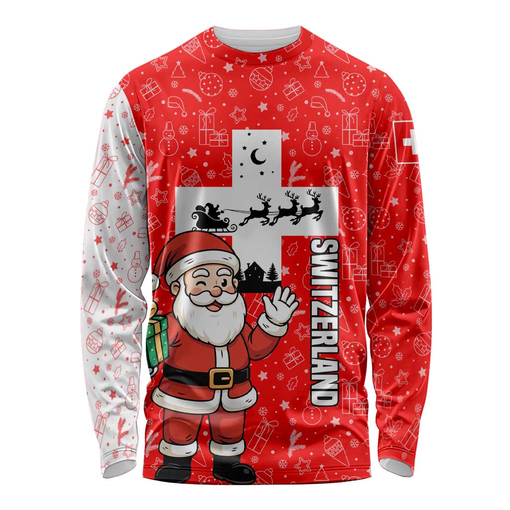 Switzerland Christmas Long Sleeve Shirt with Santa Sleigh Silhouette and Red Holiday Icon - Wonder Print Shop