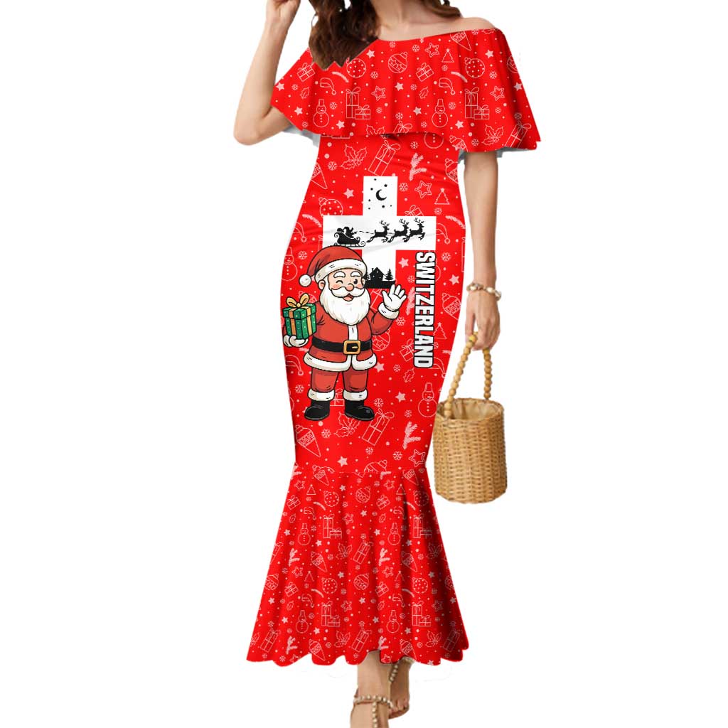 Switzerland Christmas Mermaid Dress with Santa Sleigh Silhouette and Red Holiday Icon - Wonder Print Shop