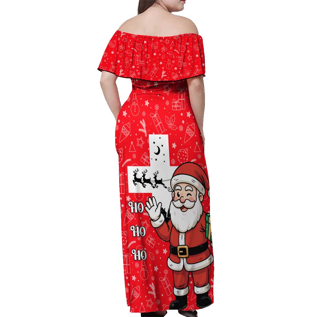 Switzerland Christmas Off Shoulder Maxi Dress with Santa Sleigh Silhouette and Red Holiday Icon - Wonder Print Shop