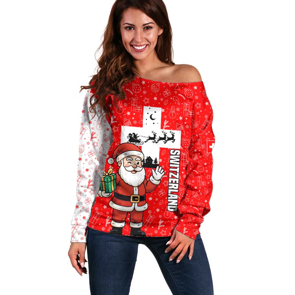 Switzerland Christmas Off Shoulder Sweater with Santa Sleigh Silhouette and Red Holiday Icon - Wonder Print Shop