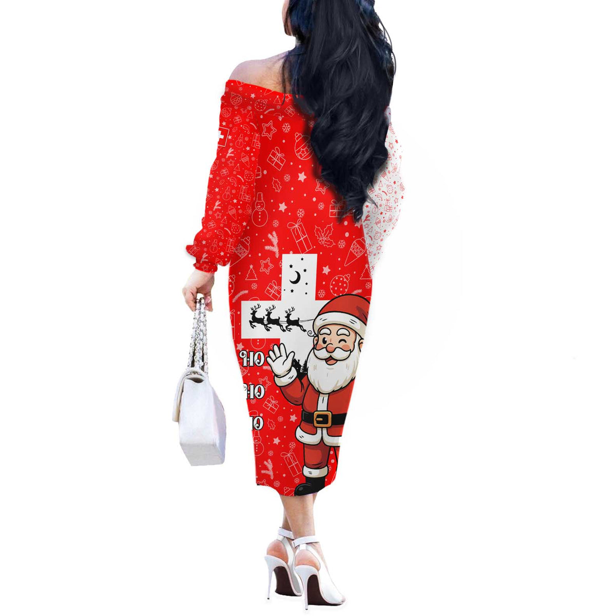 Switzerland Christmas Off The Shoulder Long Sleeve Dress with Santa Sleigh Silhouette and Red Holiday Icon - Wonder Print Shop