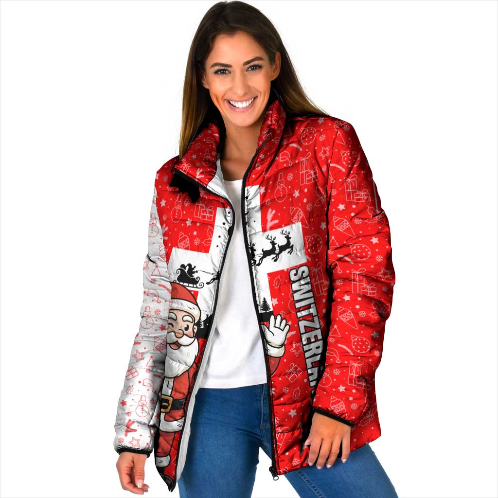 Switzerland Christmas Padded Jacket with Santa Sleigh Silhouette and Red Holiday Icon - Wonder Print Shop