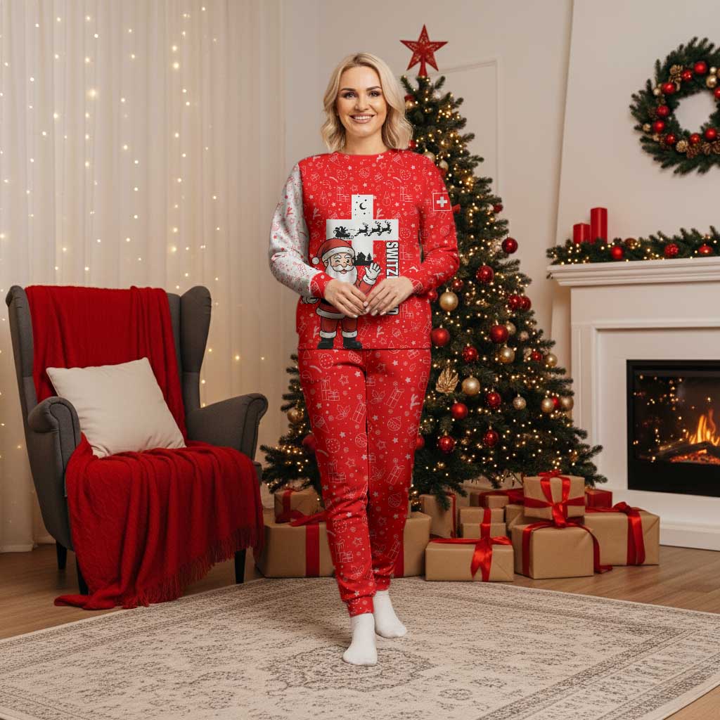 Switzerland Christmas Pajama Set with Santa Sleigh Silhouette and Red Holiday Icon - Wonder Print Shop