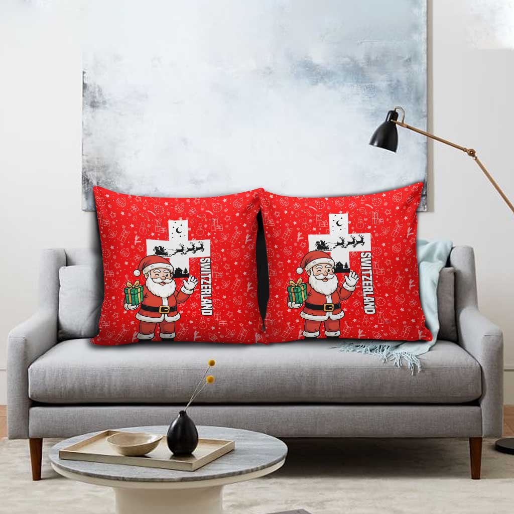 Switzerland Christmas Pillow Cover with Santa Sleigh Silhouette and Red Holiday Icon - Wonder Print Shop