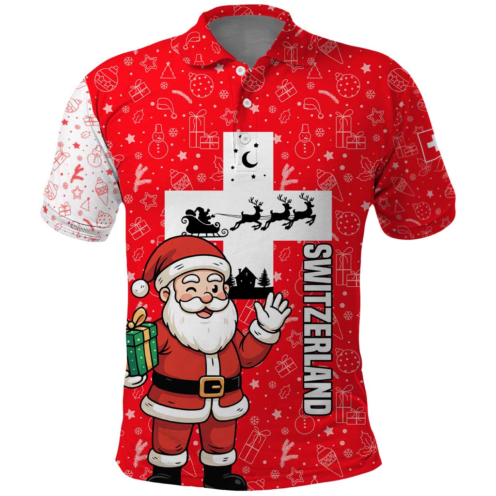 Switzerland Christmas Polo Shirt with Santa Sleigh Silhouette and Red Holiday Icon - Wonder Print Shop