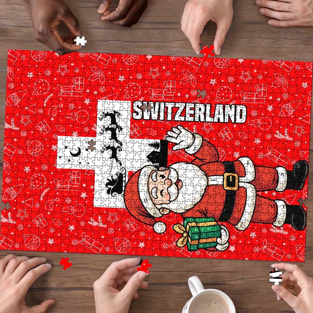 Switzerland Christmas Puzzle with Santa Sleigh Silhouette and Red Holiday Icon - Wonder Print Shop