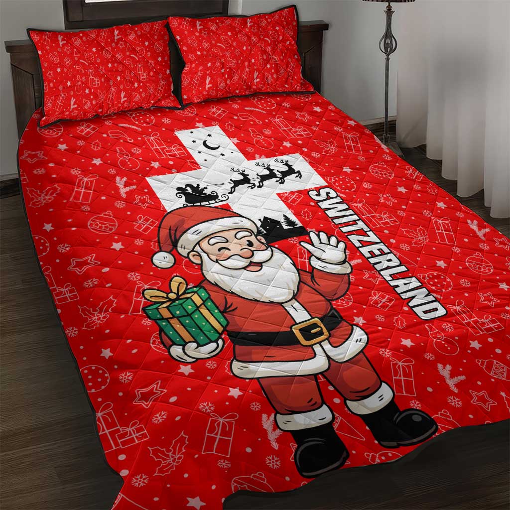 Switzerland Christmas Quilt Bed Set with Santa Sleigh Silhouette and Red Holiday Icon - Wonder Print Shop