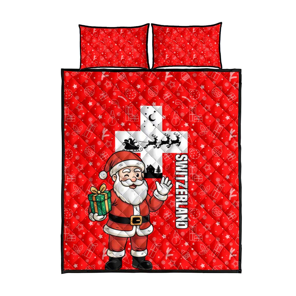 Switzerland Christmas Quilt Bed Set with Santa Sleigh Silhouette and Red Holiday Icon - Wonder Print Shop
