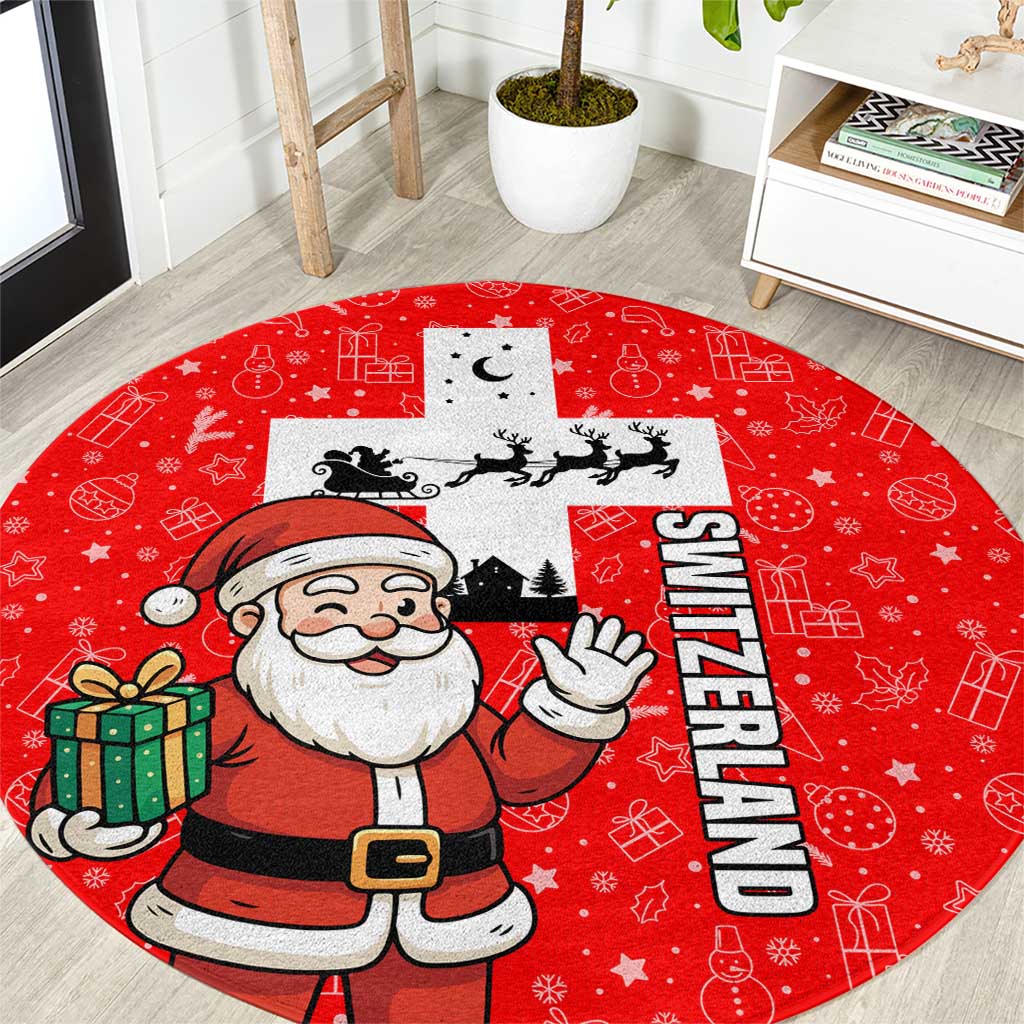 Switzerland Christmas Round Carpet with Santa Sleigh Silhouette and Red Holiday Icon - Wonder Print Shop