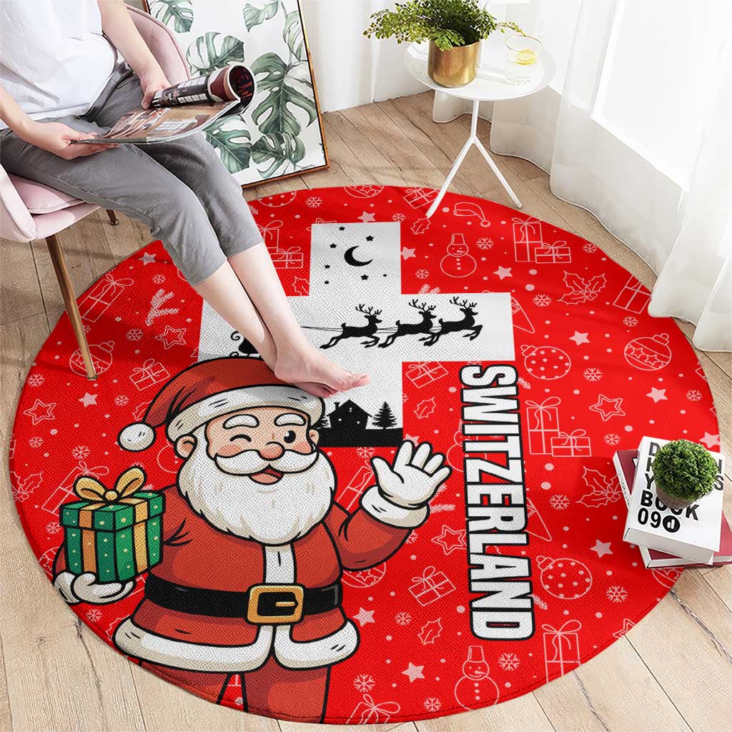 Switzerland Christmas Round Carpet with Santa Sleigh Silhouette and Red Holiday Icon - Wonder Print Shop