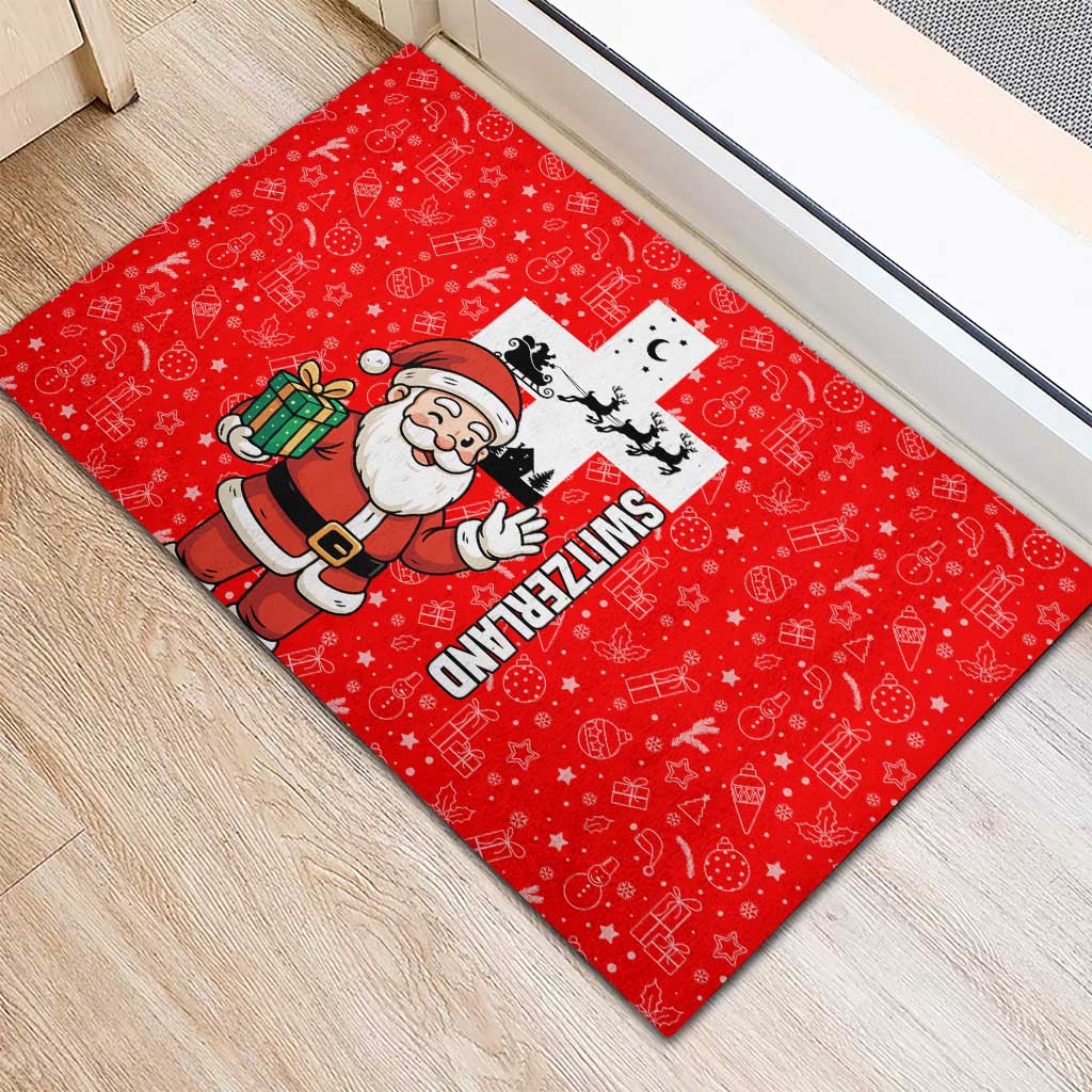 Switzerland Christmas Rubber Doormat with Santa Sleigh Silhouette and Red Holiday Icon - Wonder Print Shop