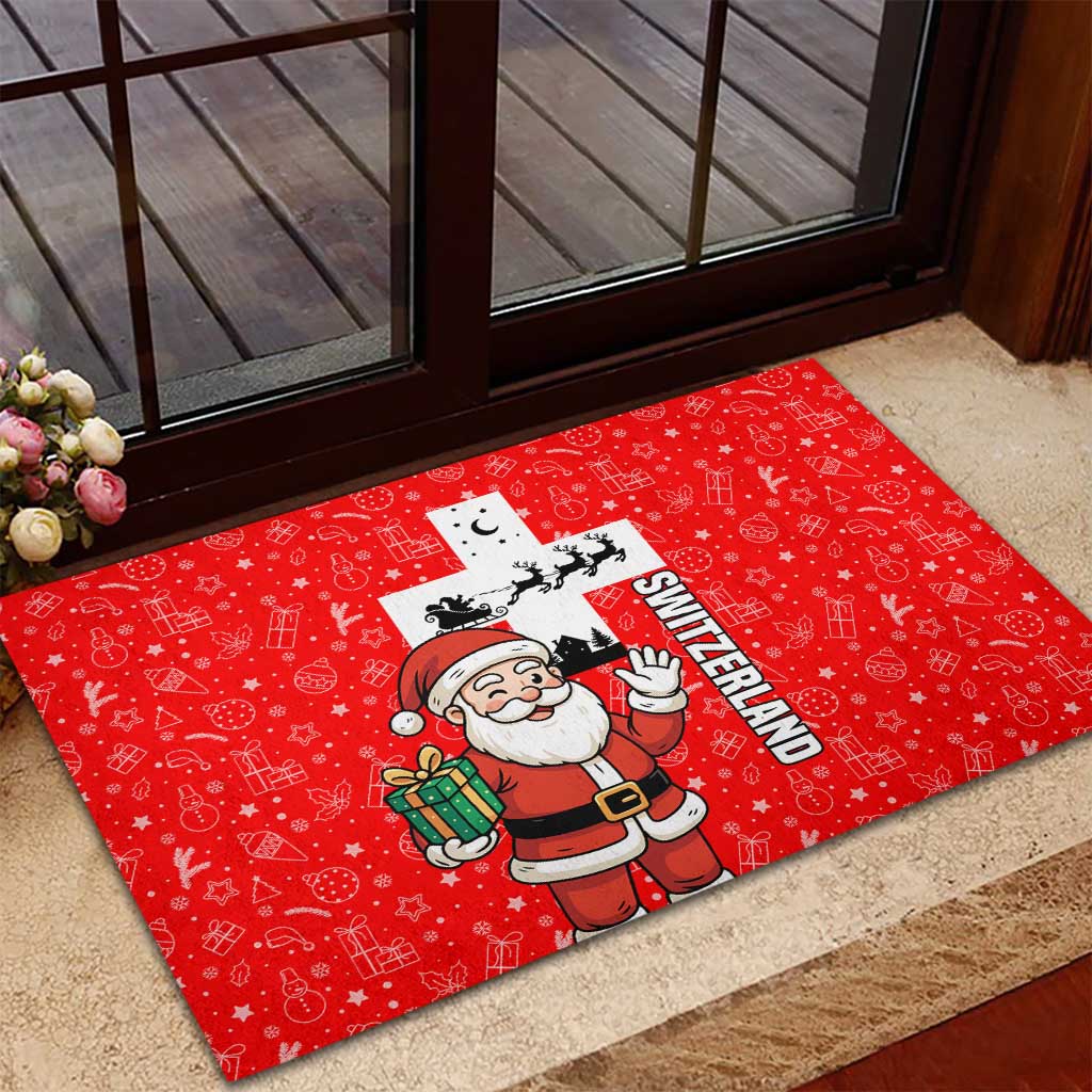 Switzerland Christmas Rubber Doormat with Santa Sleigh Silhouette and Red Holiday Icon - Wonder Print Shop