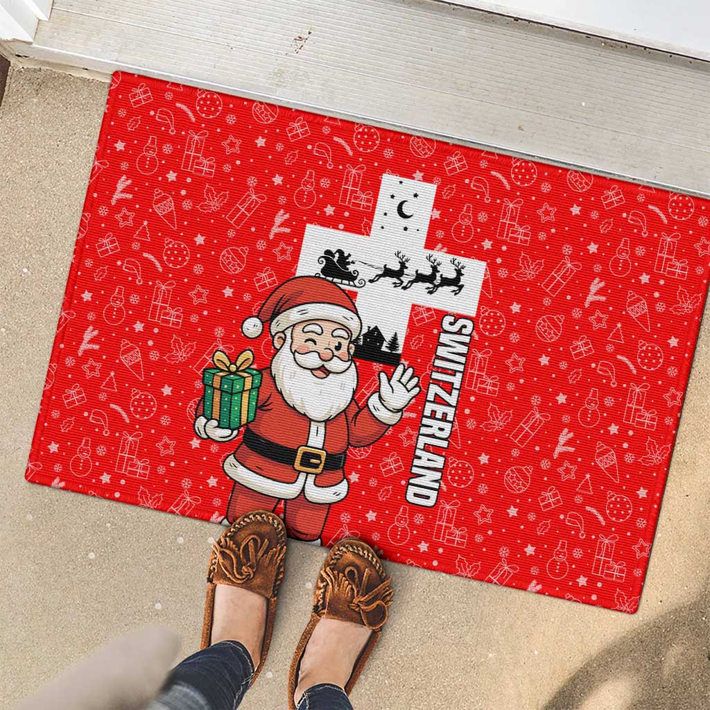 Switzerland Christmas Rubber Doormat with Santa Sleigh Silhouette and Red Holiday Icon - Wonder Print Shop