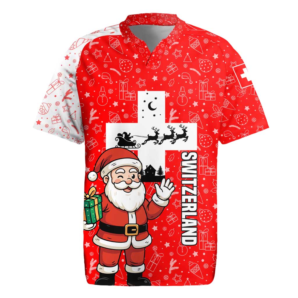 Switzerland Christmas Rugby Jersey with Santa Sleigh Silhouette and Red Holiday Icon - Wonder Print Shop