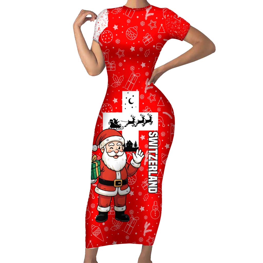 Switzerland Christmas Short Sleeve Bodycon Dress with Santa Sleigh Silhouette and Red Holiday Icon - Wonder Print Shop