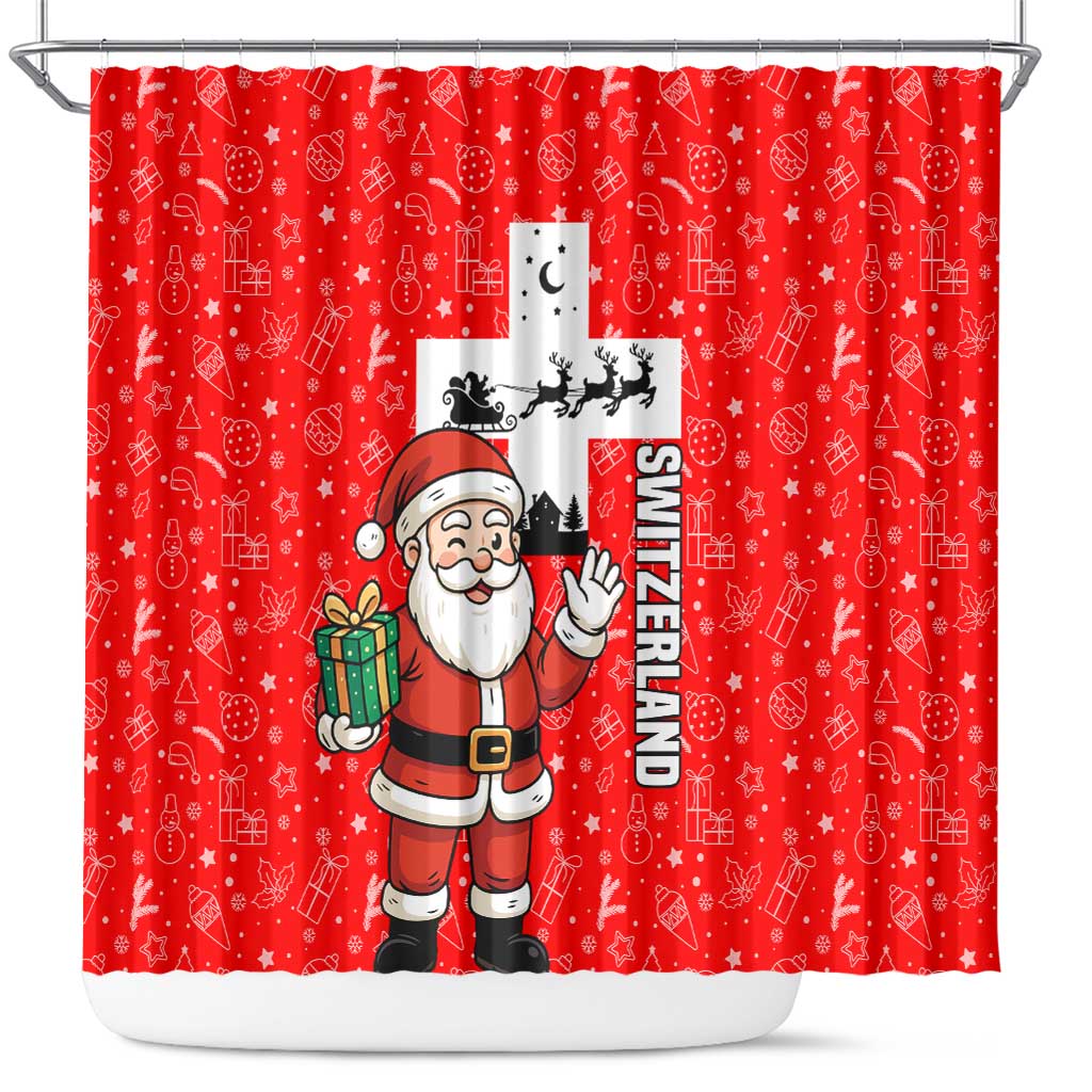 Switzerland Christmas Shower Curtain with Santa Sleigh Silhouette and Red Holiday Icon - Wonder Print Shop