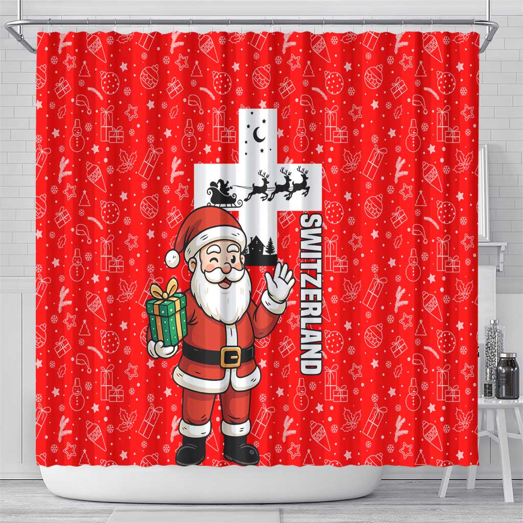 Switzerland Christmas Shower Curtain with Santa Sleigh Silhouette and Red Holiday Icon - Wonder Print Shop