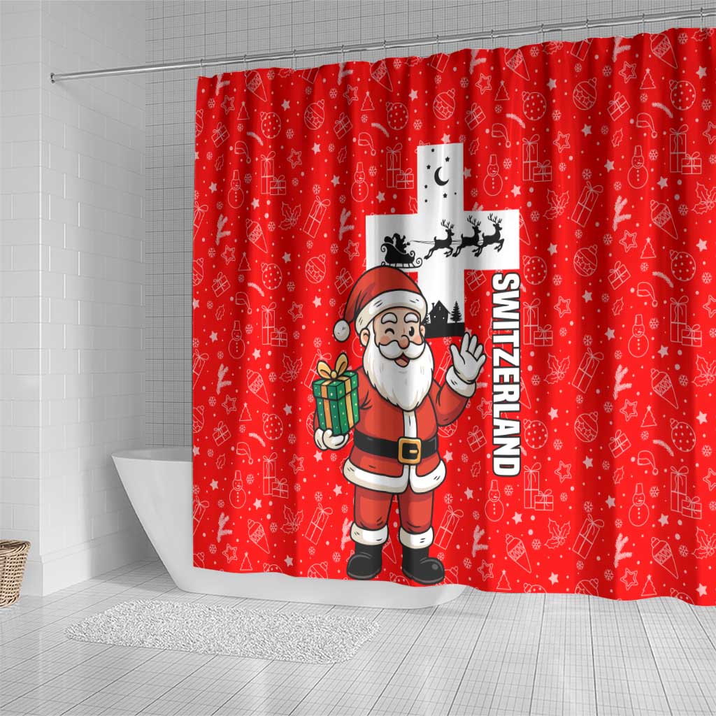 Switzerland Christmas Shower Curtain with Santa Sleigh Silhouette and Red Holiday Icon - Wonder Print Shop