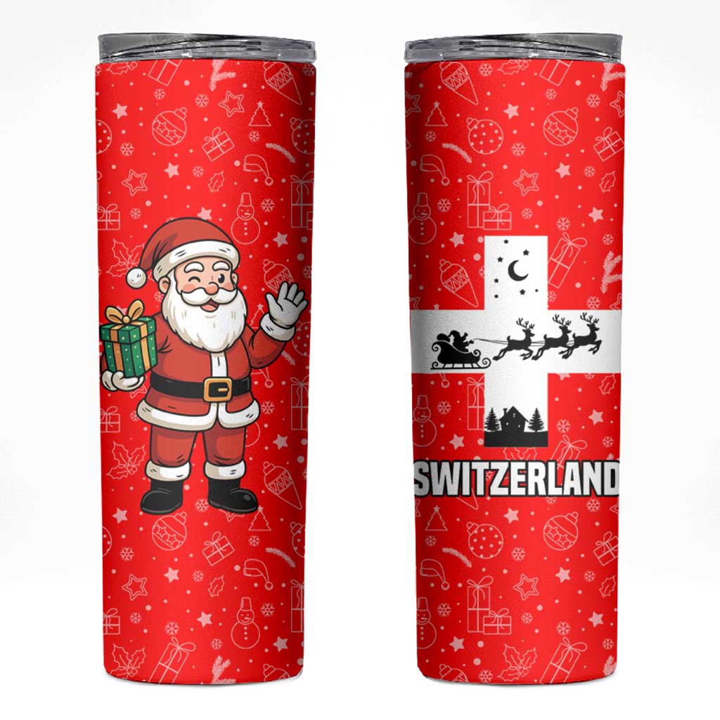 Switzerland Christmas Skinny Tumbler with Santa Sleigh Silhouette and Red Holiday Icon - Wonder Print Shop