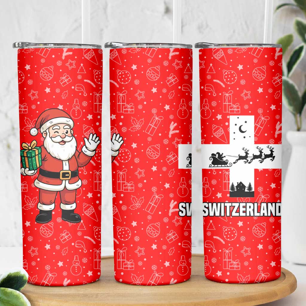 Switzerland Christmas Skinny Tumbler with Santa Sleigh Silhouette and Red Holiday Icon - Wonder Print Shop