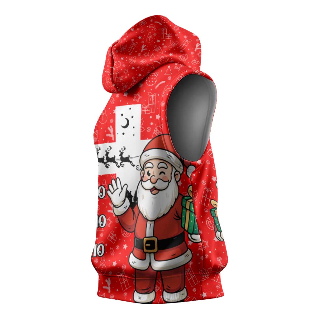 Switzerland Christmas Sleeveless Hoodie with Santa Sleigh Silhouette and Red Holiday Icon - Wonder Print Shop