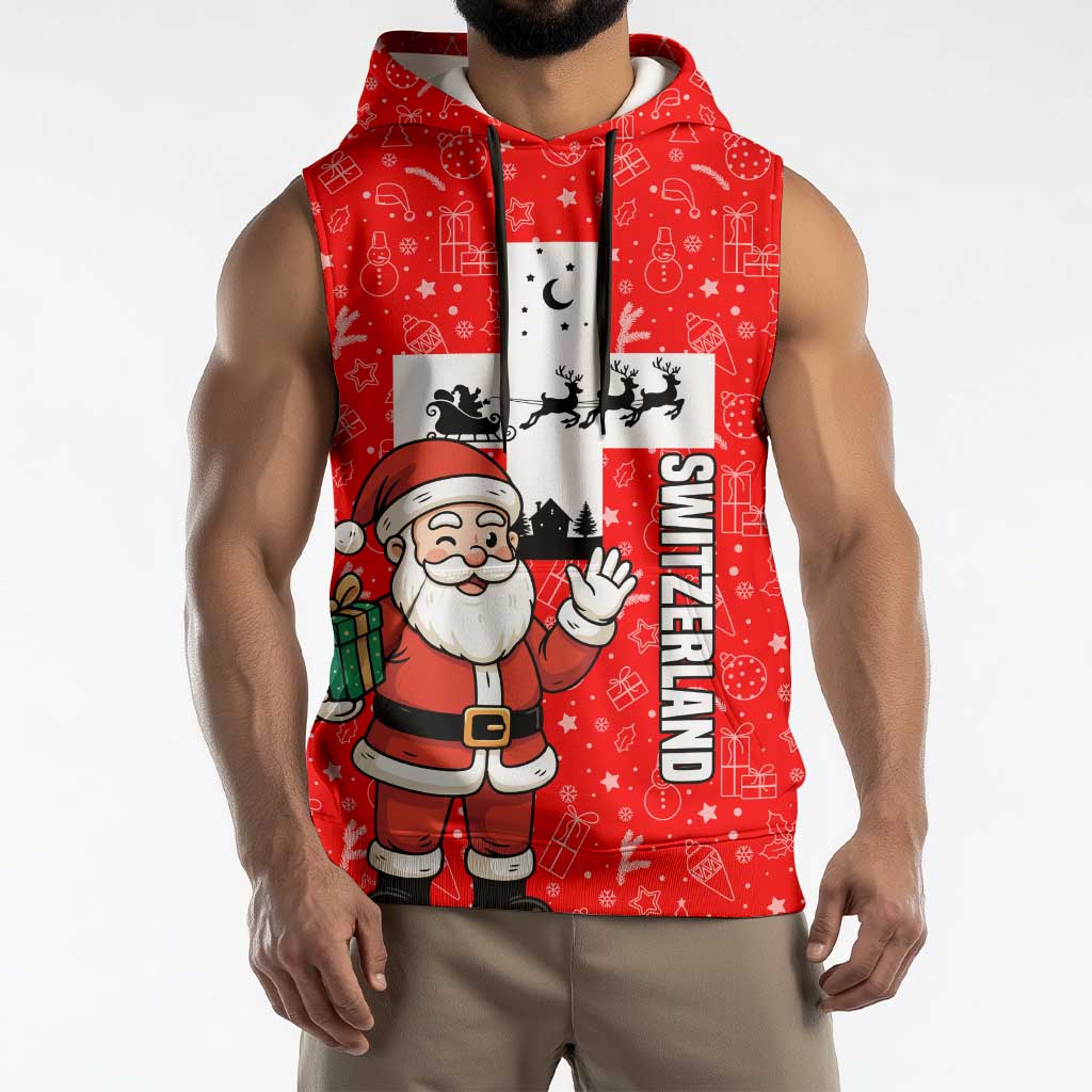 Switzerland Christmas Sleeveless Hoodie with Santa Sleigh Silhouette and Red Holiday Icon - Wonder Print Shop