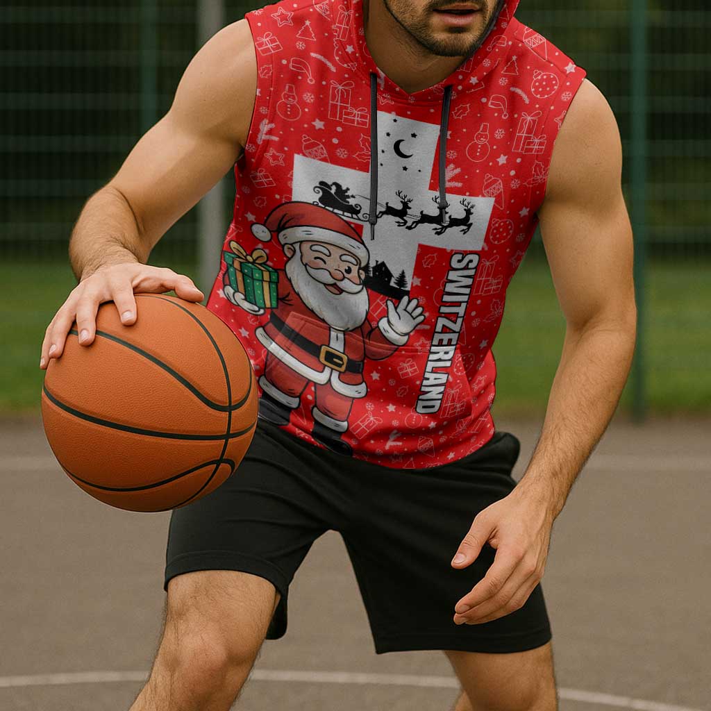 Switzerland Christmas Sleeveless Hoodie with Santa Sleigh Silhouette and Red Holiday Icon - Wonder Print Shop